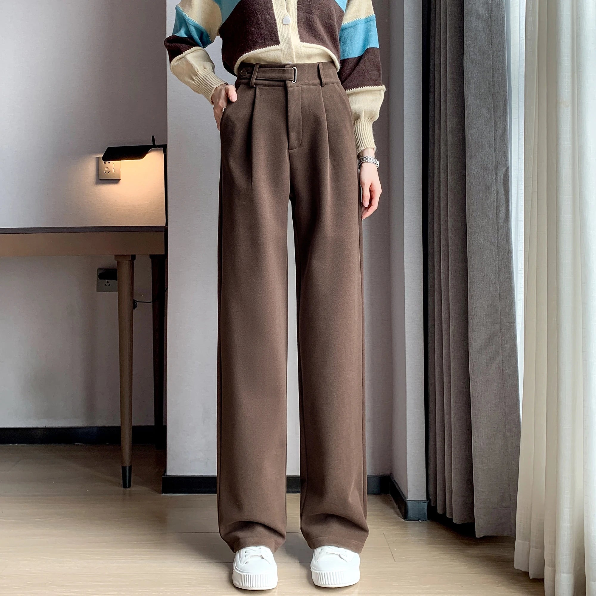 Pantalon Laine Large Femme Boutons Milk Tea | MDN Store