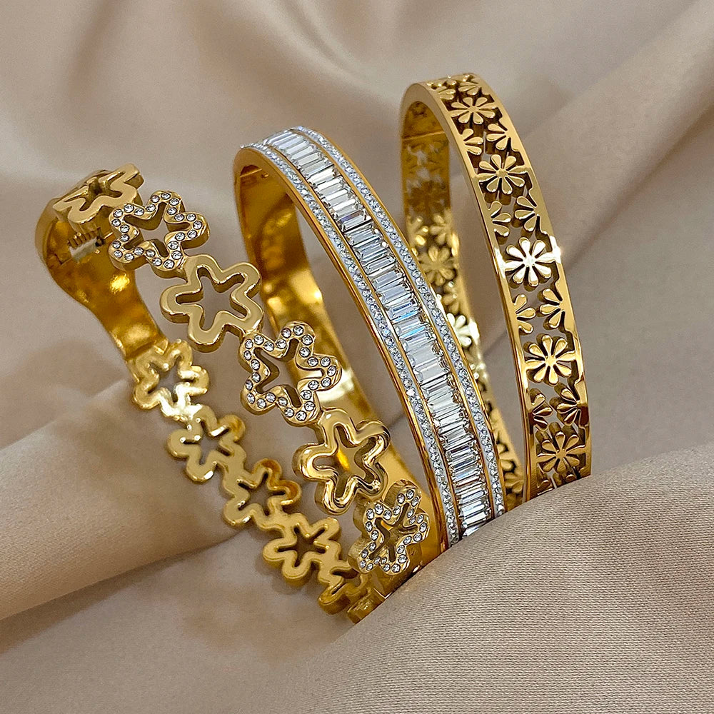 Bracelet Manchette Fleur Strass Acier Inoxydable Retro Femme | MDN Store