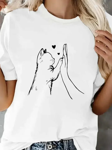 T-Shirt Patte de Chat Coeur Imprimé Femme Manches Courtes | MDN Store 25
