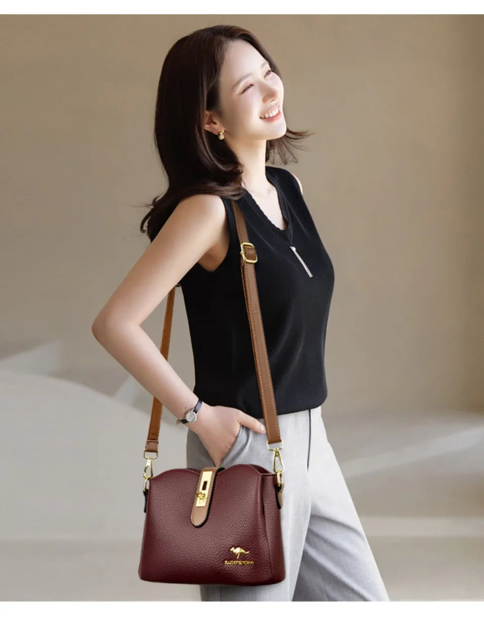 Sac à Main Femme Cuir Véritable Seau Bandoulière Trois Compartiments - MDN