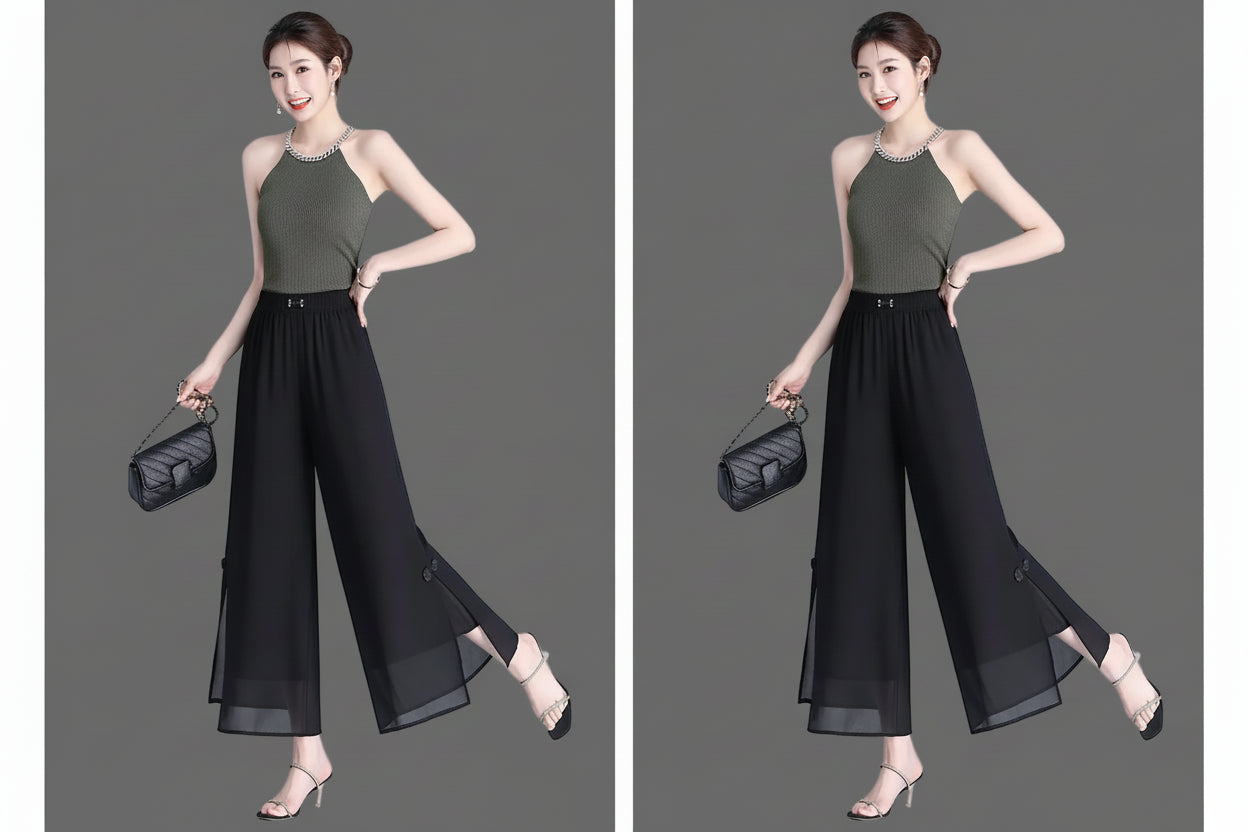 Pantalon Grande Femme Mousseline 7/8 Noir | MDN Store