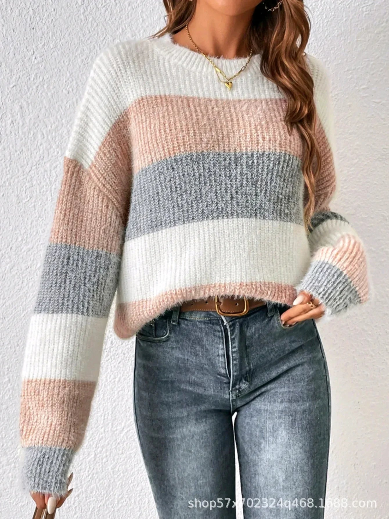 Pull Femme Rayé Col Rond Loose Fit Hiver Épais | MDN