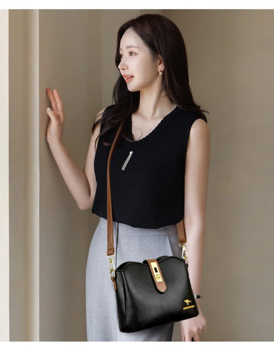 Sac à Main Femme Cuir Véritable Seau Bandoulière Trois Compartiments - MDN