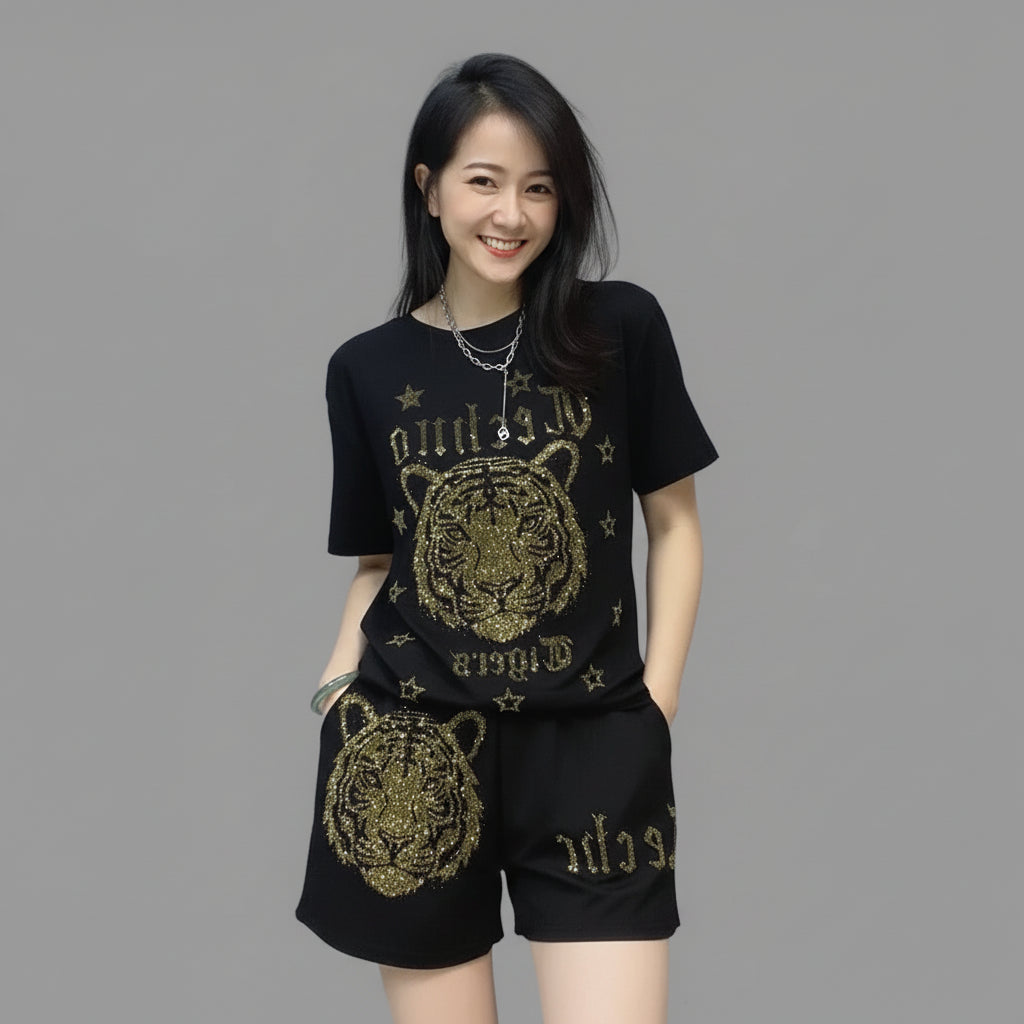 Ensemble Grande Taille T-shirt Tigre Brodé & Short | MDN