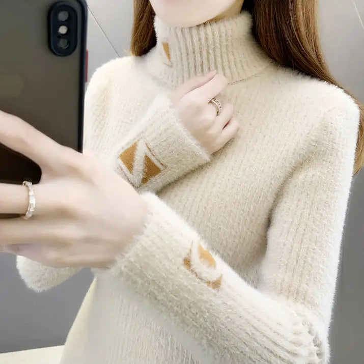 Pull Col Montant Femme Jacquard Lettres Tricot Epais 3 Coloris | MDN Store