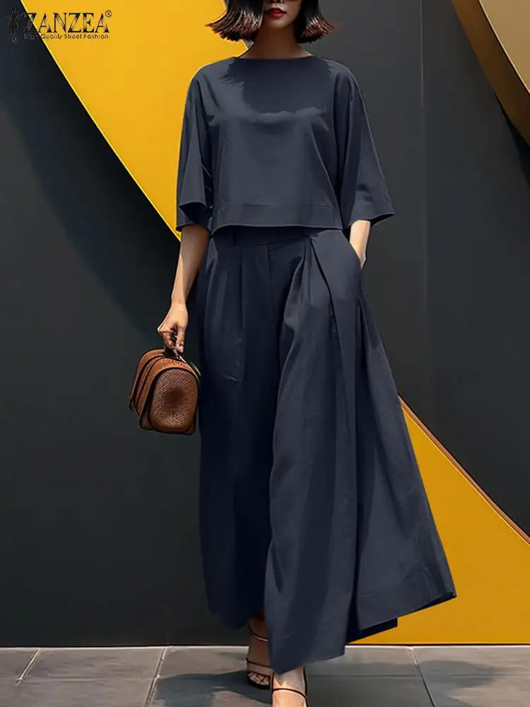 Ensemble Blouse 3/4 & Pantalon Large Paisley Bleu | MDN