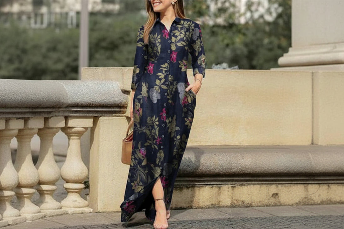 Robe Longue Imprimee Col Chemise Boutonnee Élégante | MDN Store
