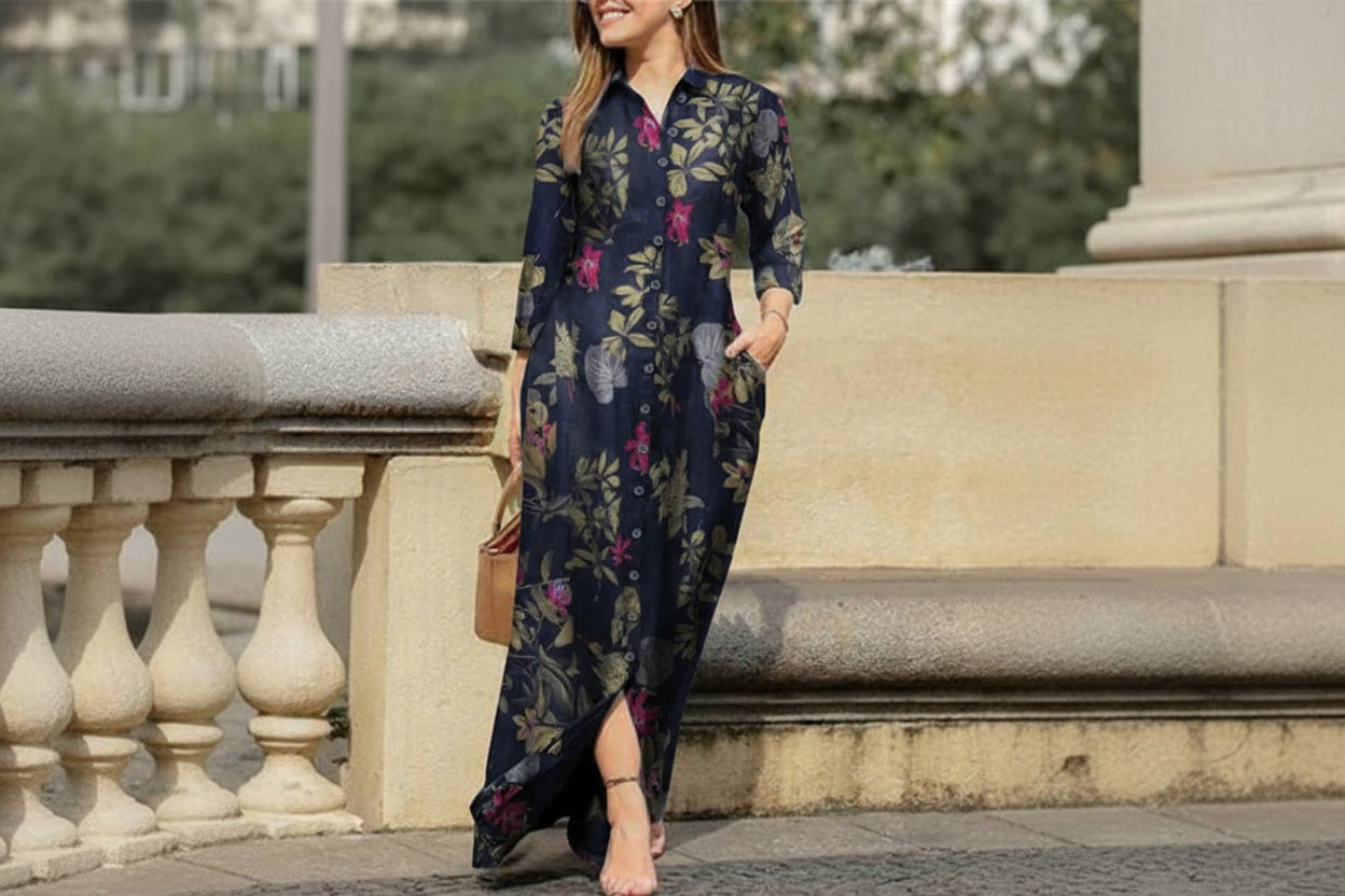 Robe Longue Imprimee Col Chemise Boutonnee Élégante | MDN Store