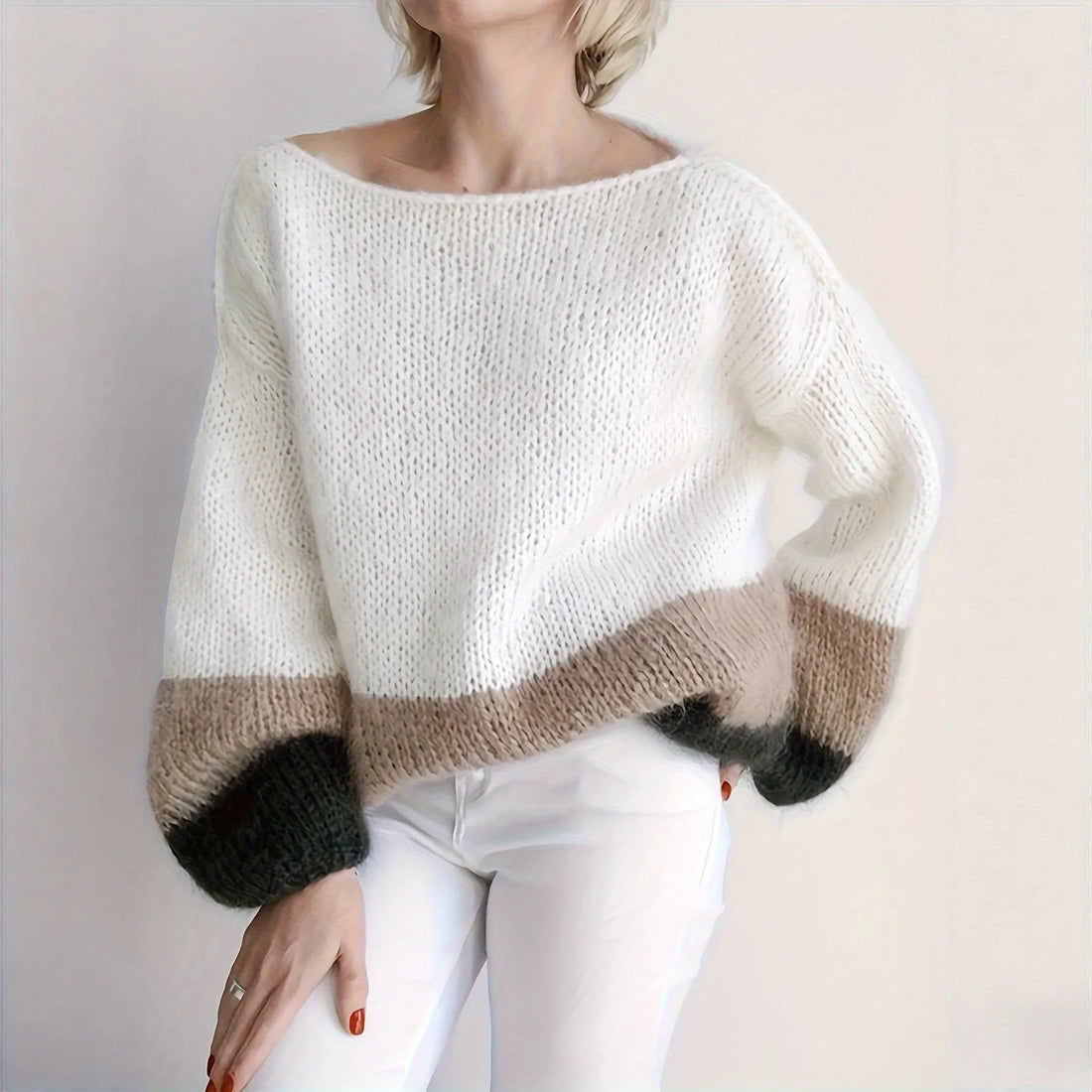 Pull Femme Col Rond Bicolore Ample Color Block Tricot Doux S-XL | MDN Store