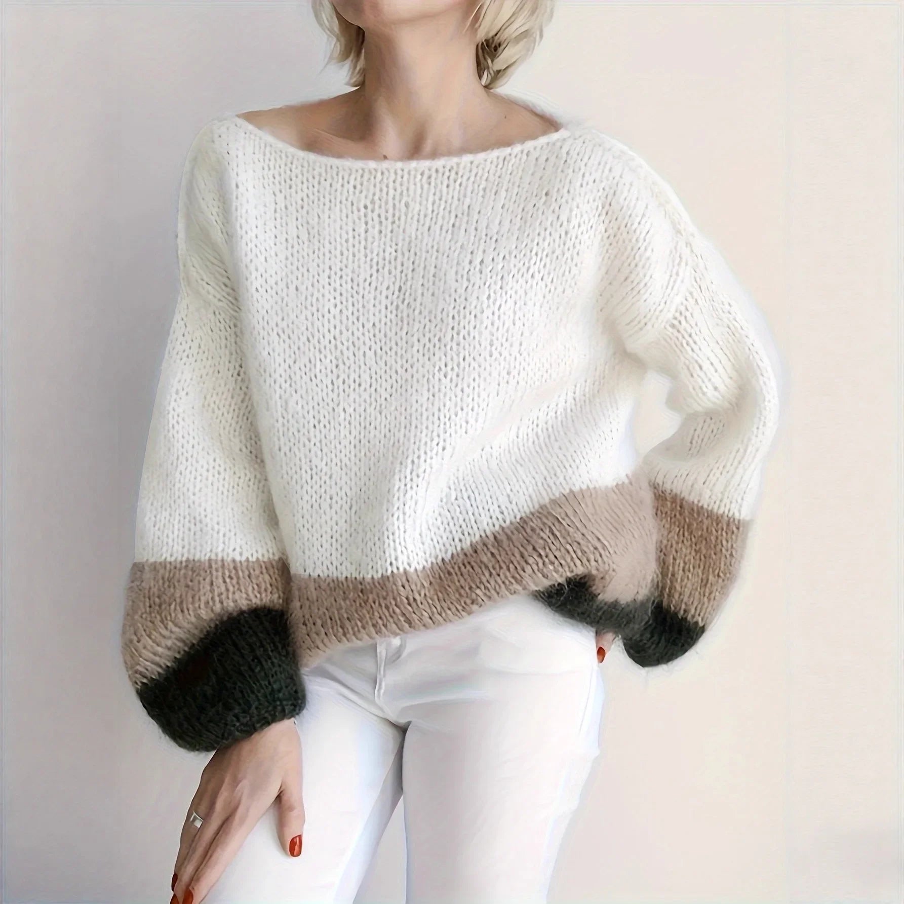 Pull Femme Col Rond Bicolore Ample Color Block Tricot Doux S-XL | MDN Store