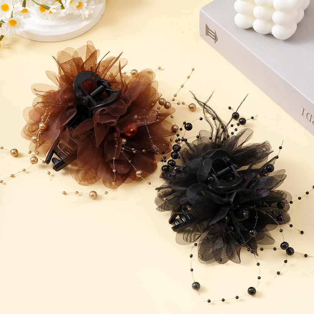 Pince Cheveux Fleur Maille Perle Pompon - Barrette Crabe Élégante | MDN Store