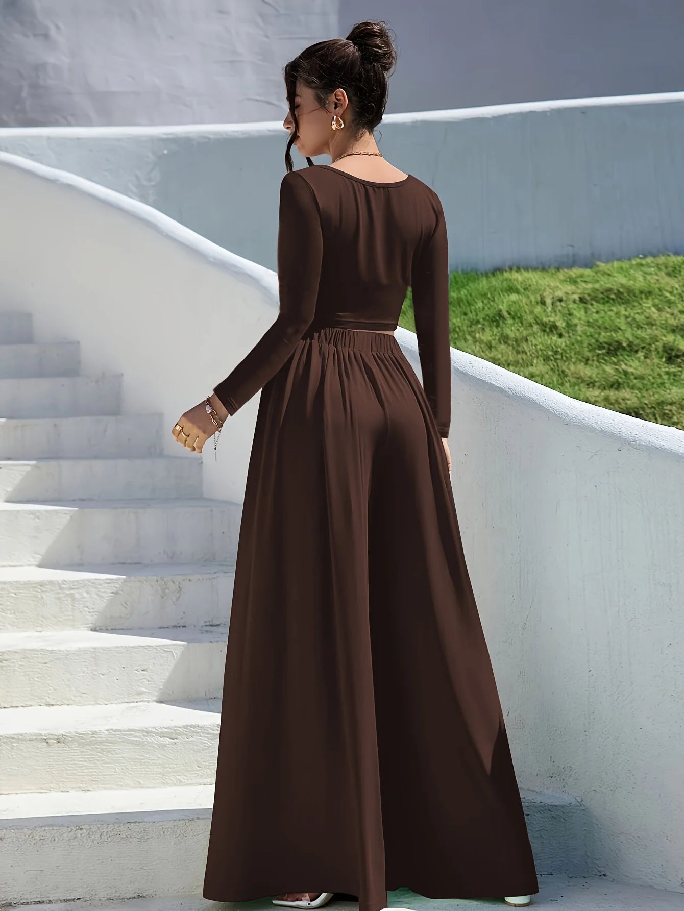 Ensemble Maille Marron T-shirt & Pantalon Large | MDN