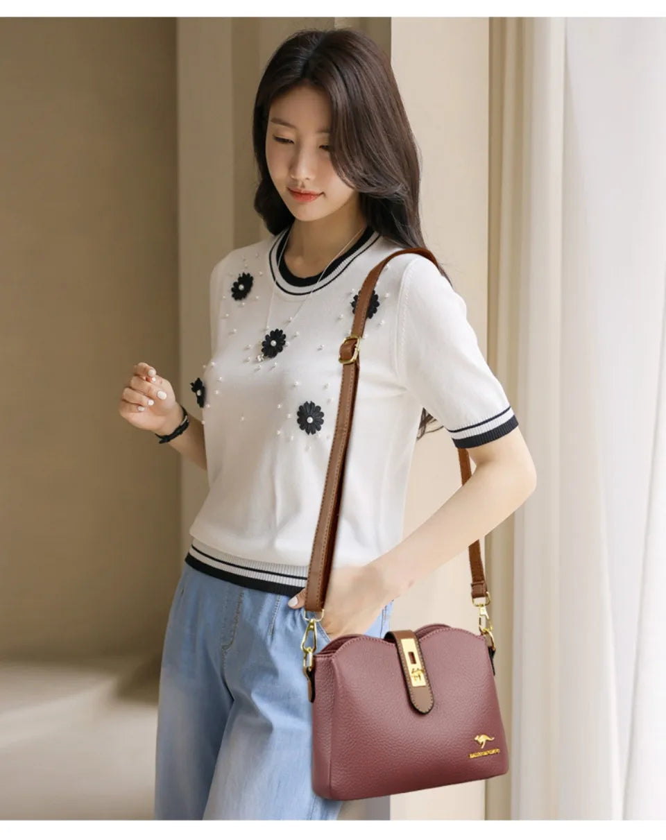 Sac à Main Femme Cuir Véritable Seau Bandoulière Trois Compartiments - MDN