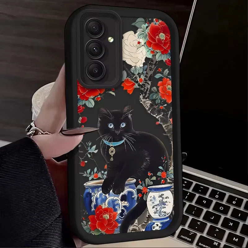 Coque Samsung Chat Noir Fleur Artistique - S24 S23 S22 A55 A54 | MDN