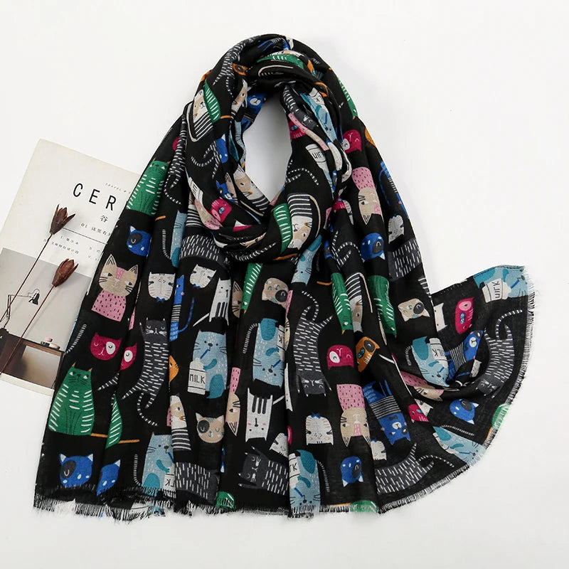Écharpe Longue Viscose Chat Cartoon Coloré Femme | MDN Store