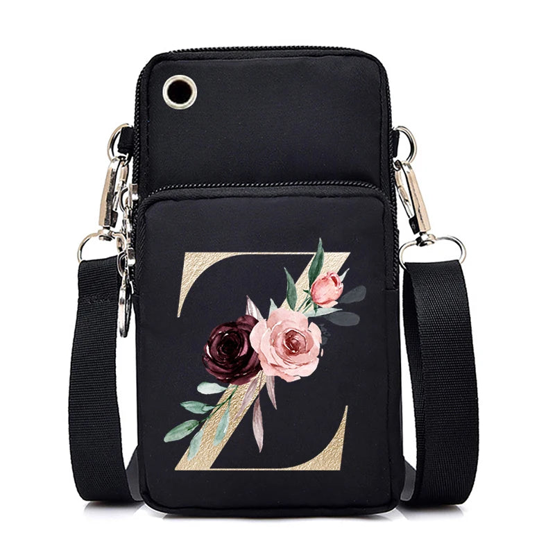 Sac à Main Bandoulière Lettre Initiale Fleurs Roses - Mini Sac Téléphone Femme | MDN