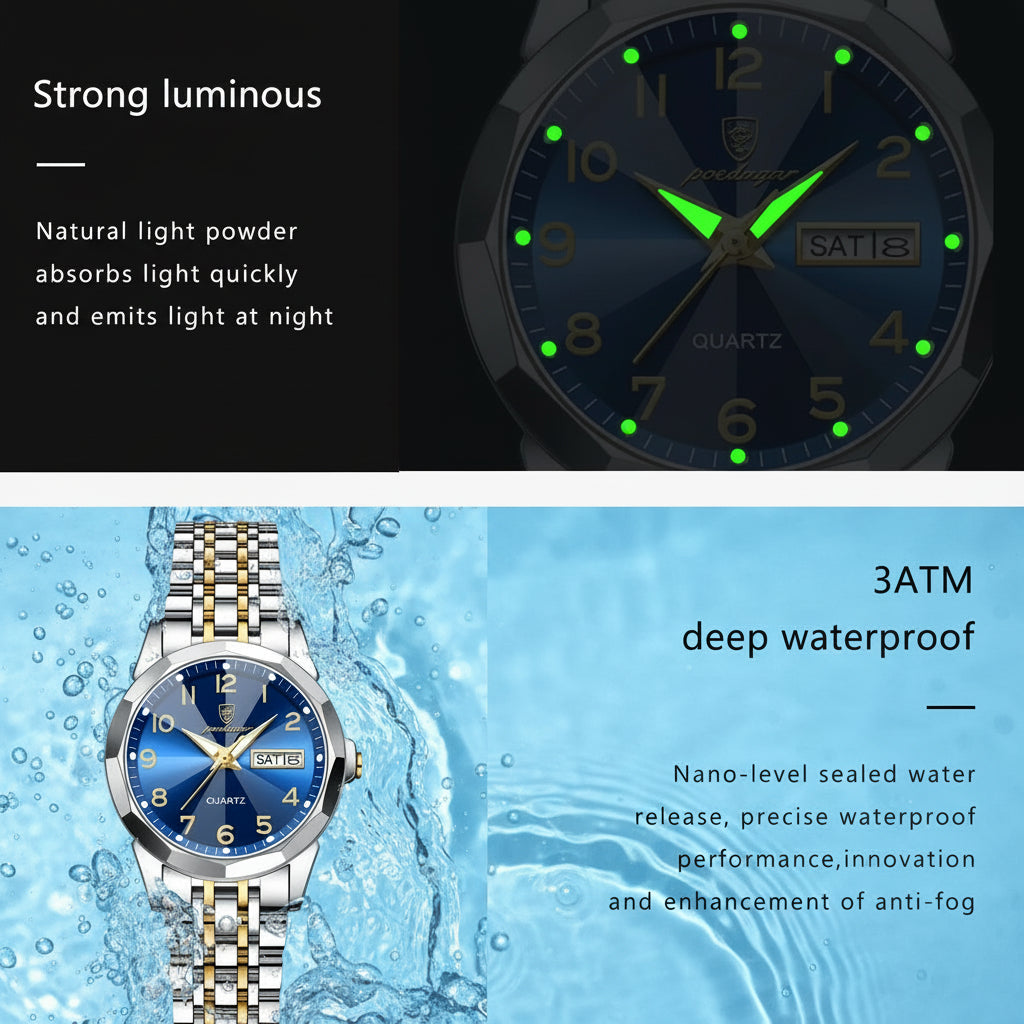 Montre Femme POEDAGAR Acier Inoxydable - Étanche Lumineuse Date Semaine Quartz | MDN