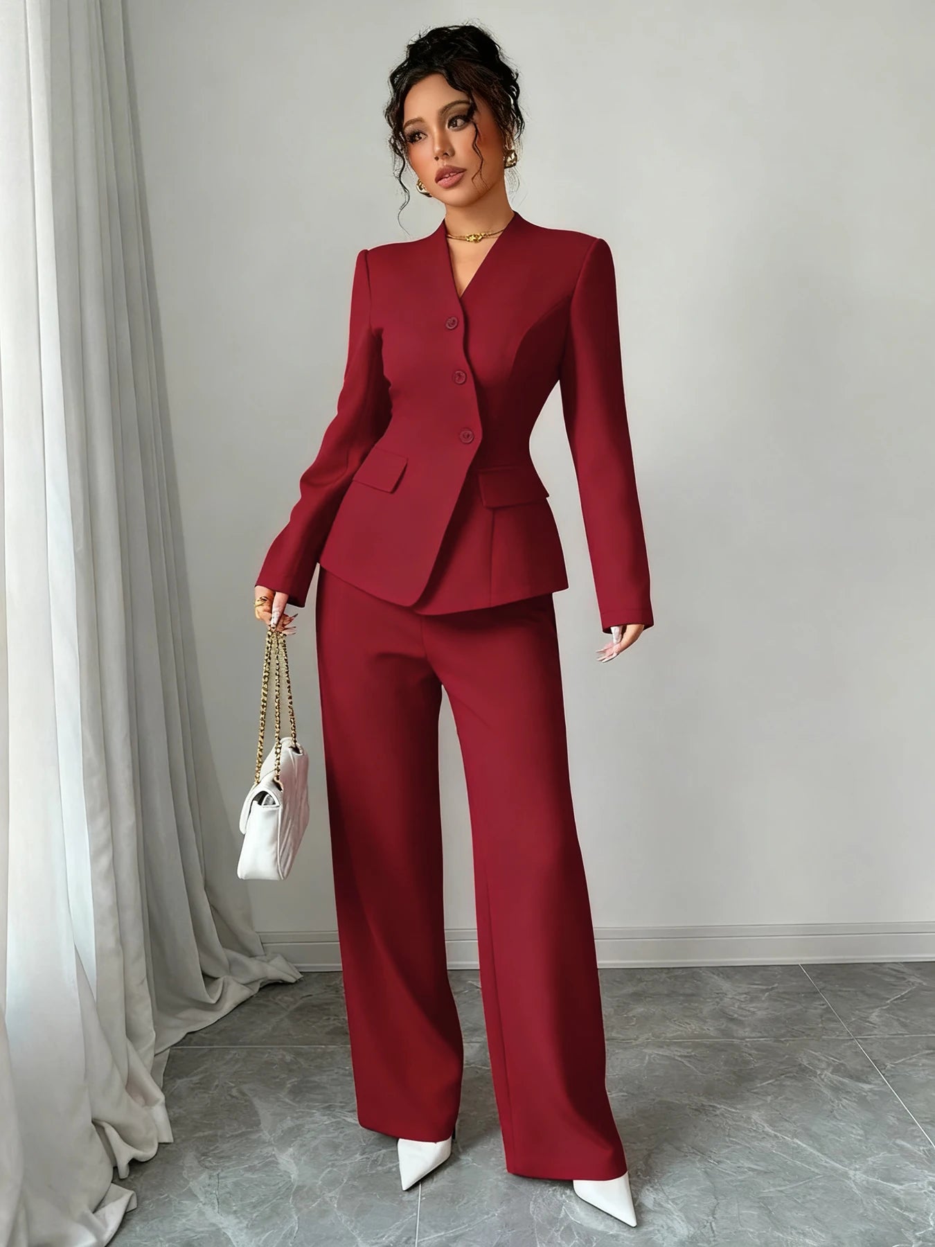 Ensemble Blazer Boutons Irréguliers Bordeaux | MDN Store