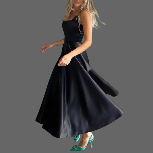 Robe Longue Femme Bleu Foncé Col Carré Taille Marquée Satin Été | MDN