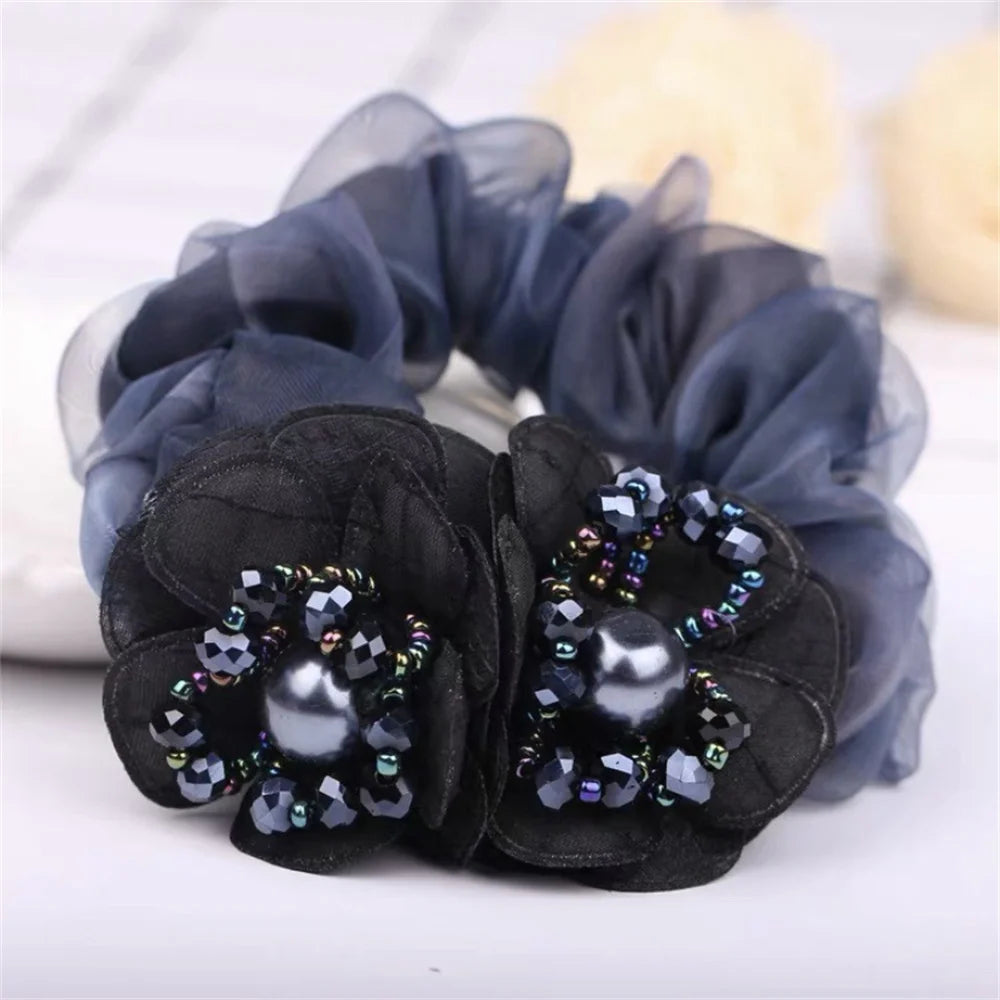 Chouchou Perle Brillante Fleur Organza Transparent - Élastique Cheveux Fille... | MDN Store