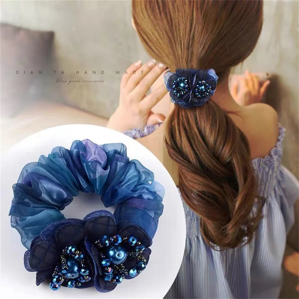 Chouchou Perle Brillante Fleur Organza Transparent - Élastique Cheveux Fille... | MDN Store