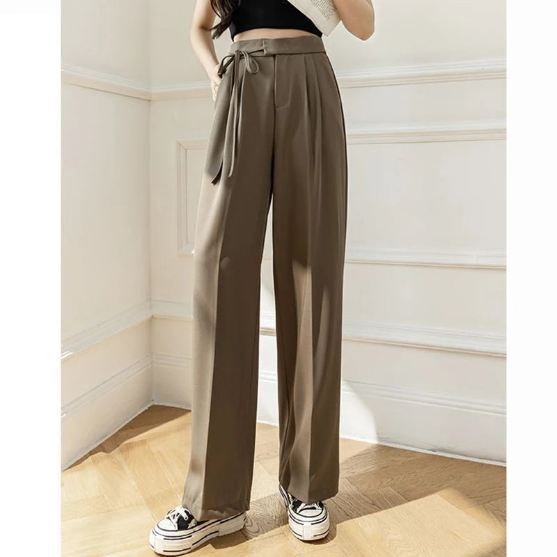 Pantalon Femme Taille Haute Lacets - Jambe Droite Costume Bureau Chic Kaki | MDN Store