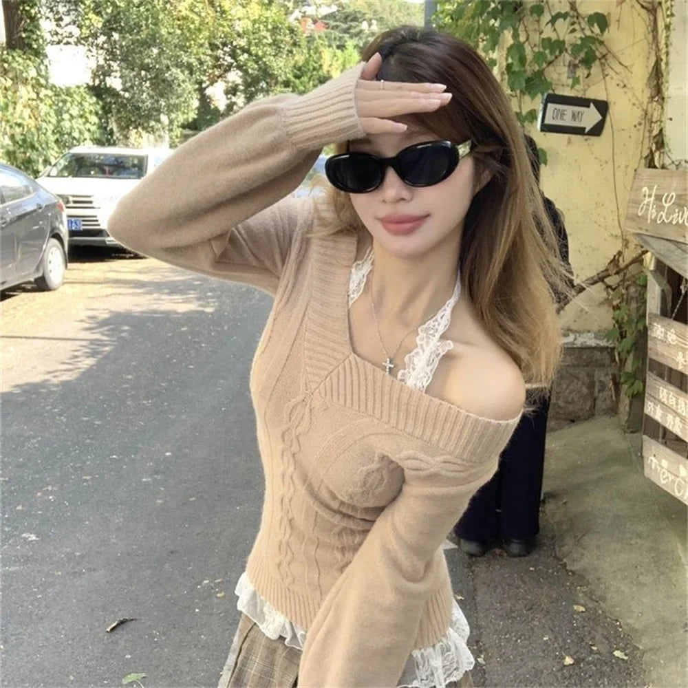 Pull Femme Col V Manches Longues Slim Ajusté Style Vintage 2 Coloris | MDN Store