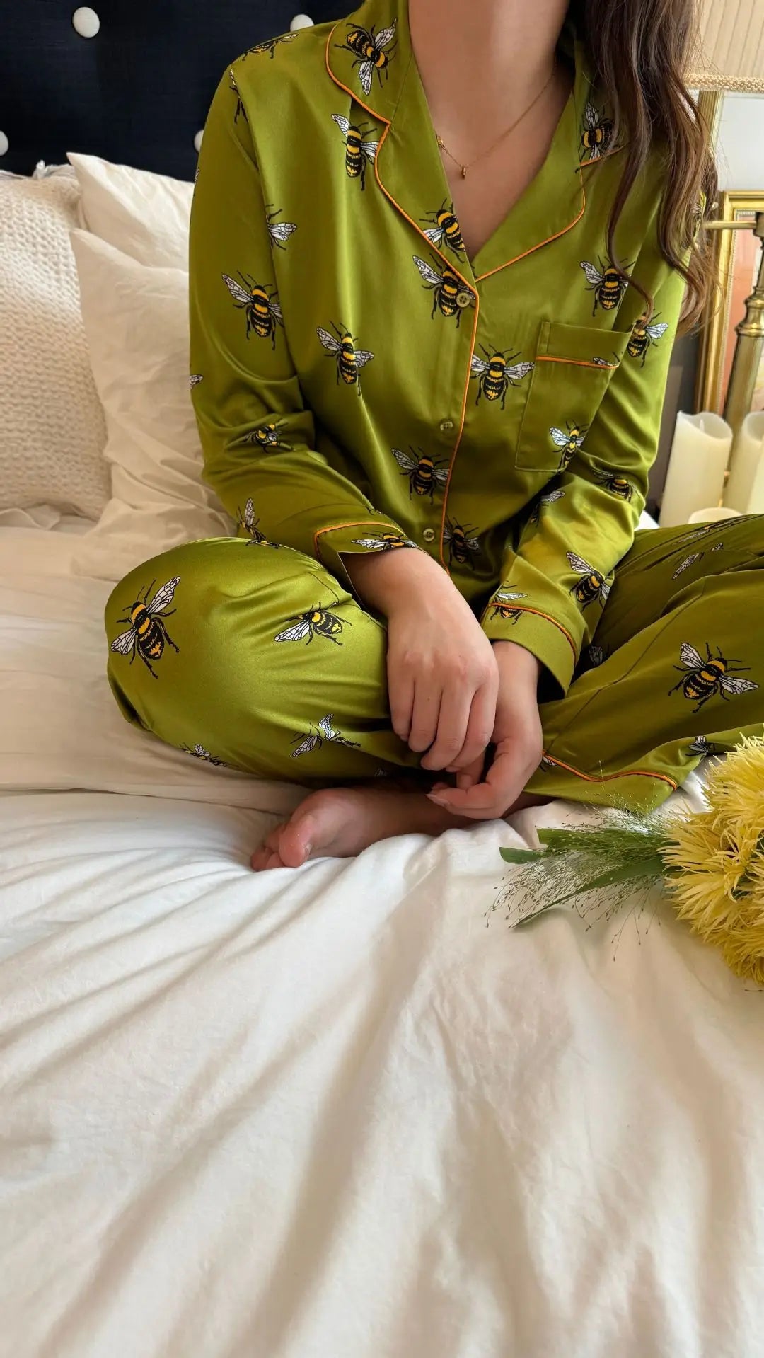 Pyjama Satin Abeilles Vert | MDN