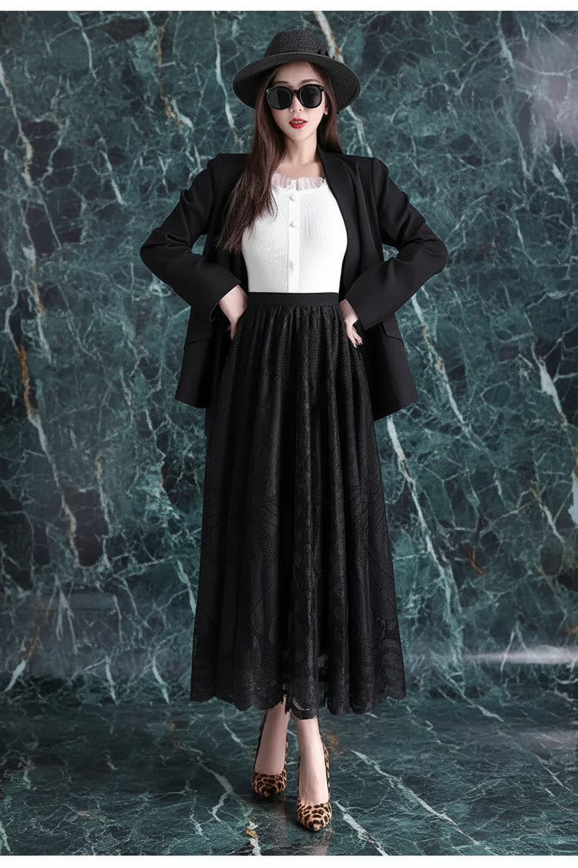 Jupe Longue Dentelle Plissée Taille Haute | MDN Store