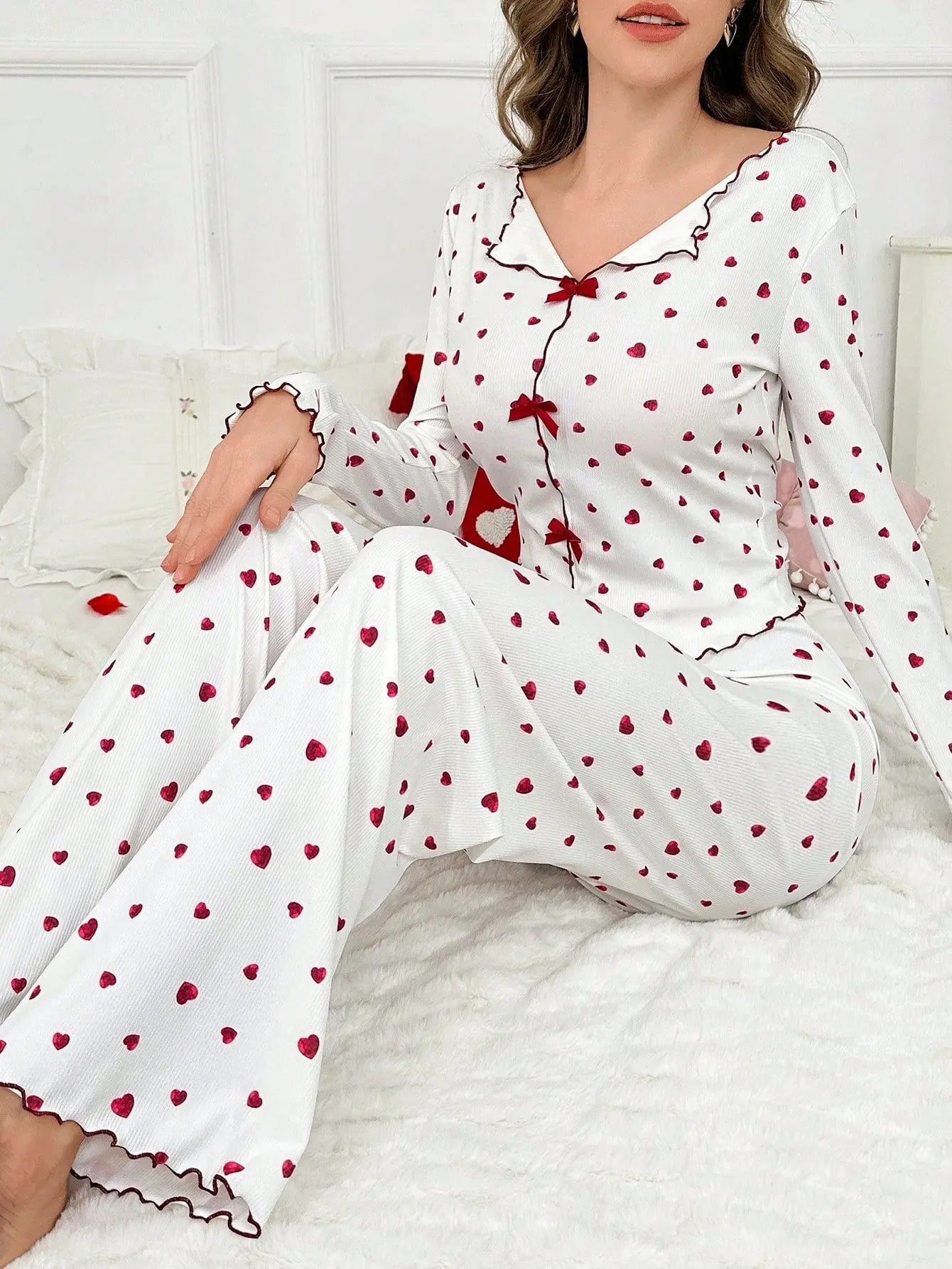 Pyjama Femme Rouge Cœurs 2 Pièces Manches Longues | MDN