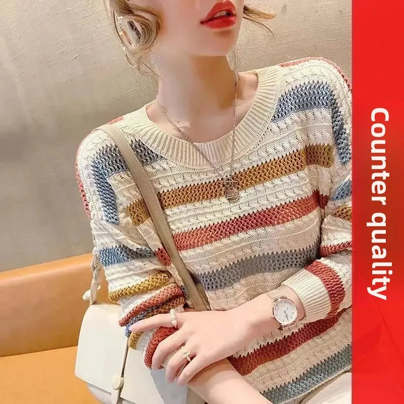 Pull Femme Raye Ajoure Court Ample Fit Manches Chauve-Souris 3 Coloris | MDN Store