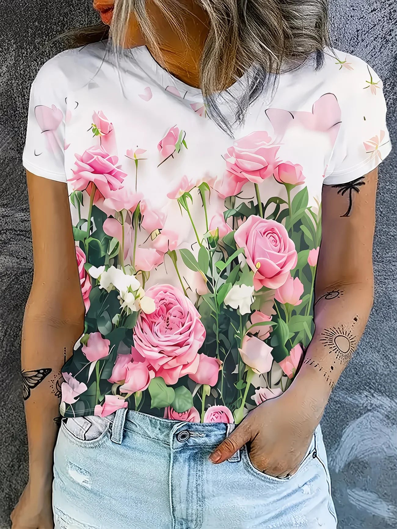 T-Shirt Fleurs Violettes Degrade Femme Col Rond Manches Courtes | MDN Store 25