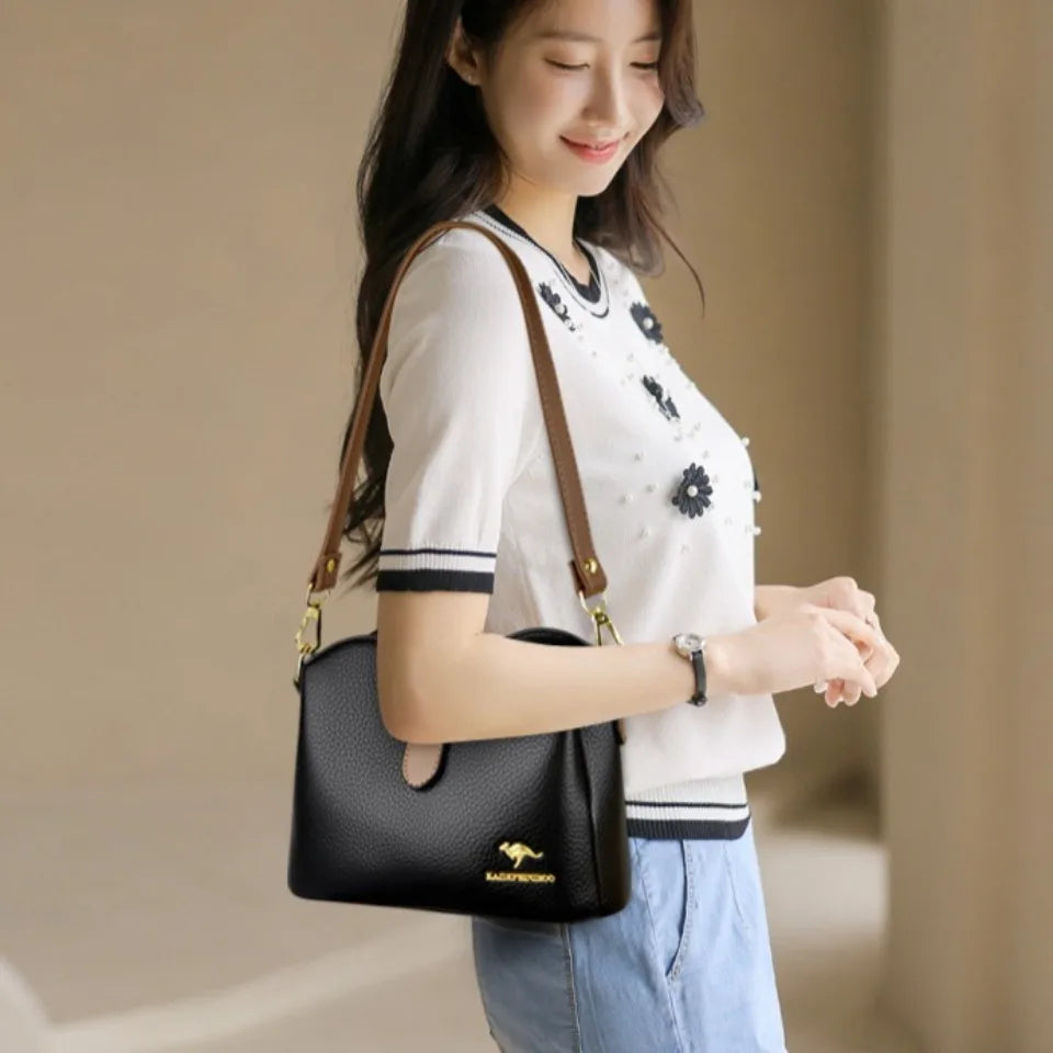 Sac à Main Femme Cuir Véritable Seau Bandoulière Trois Compartiments - MDN