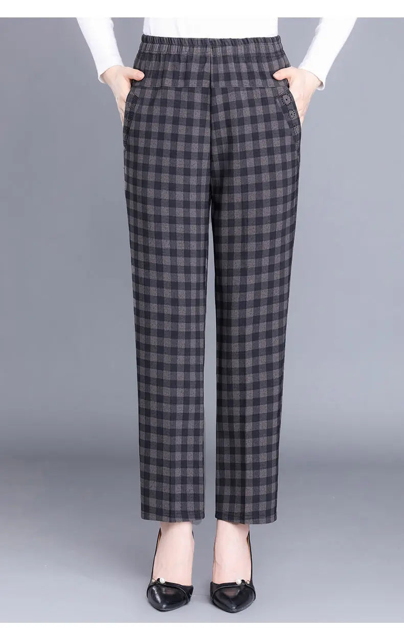 Pantalon Femme Carreaux Taille Élastique - Longueur Cheville Automne Hiver | MDN