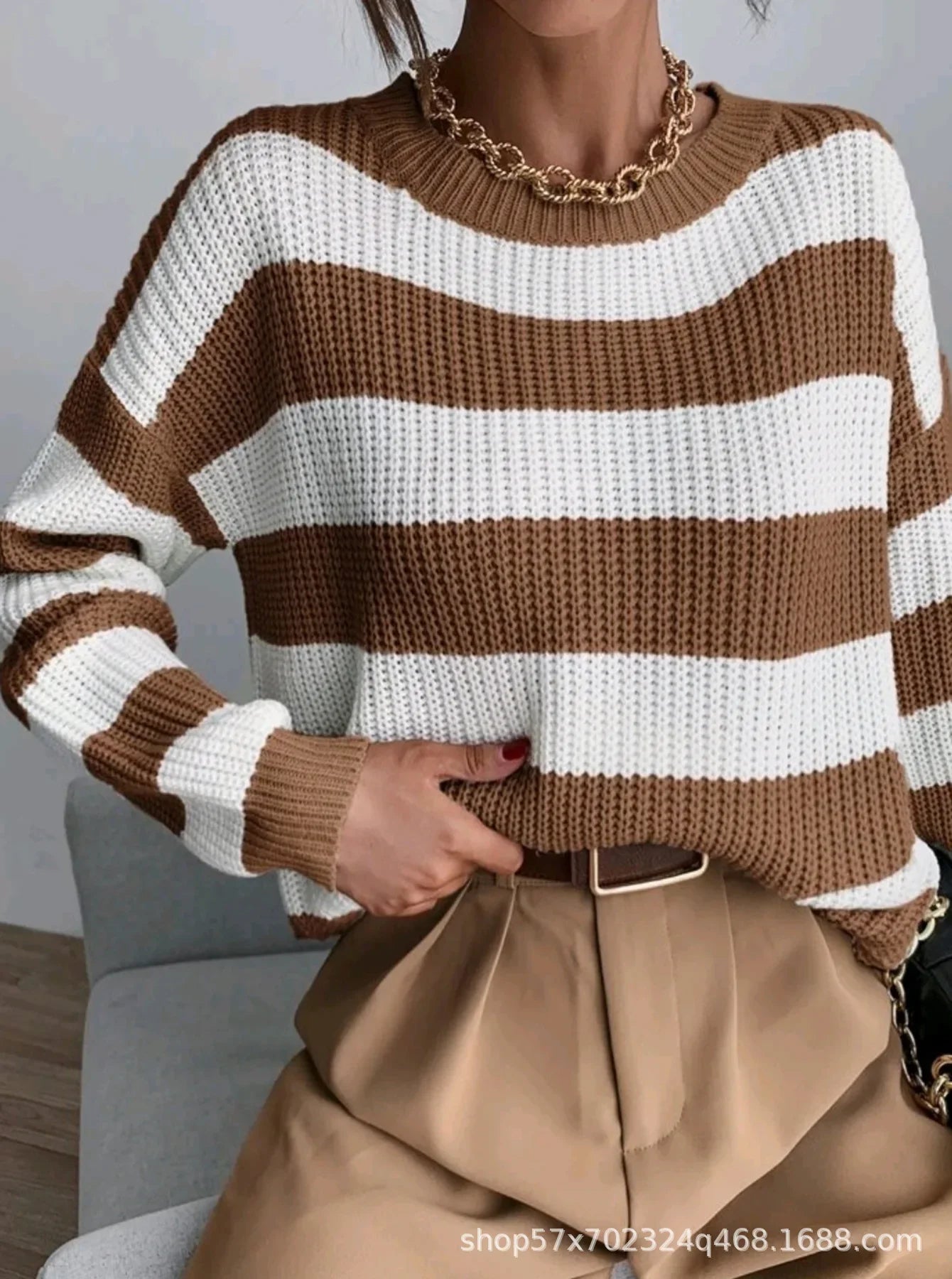 Pull Femme Loose Raye Manches Longues Tricot Epais 2 Coloris | MDN Store