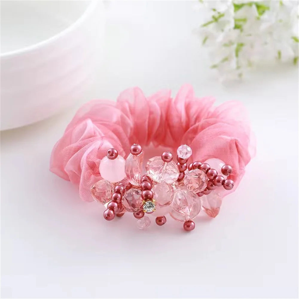 Chouchou Perle Brillante Fleur Organza Transparent - Élastique Cheveux Fille... | MDN Store