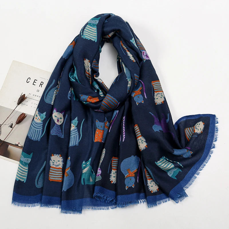 Écharpe Longue Viscose Chat Cartoon Coloré Femme | MDN Store