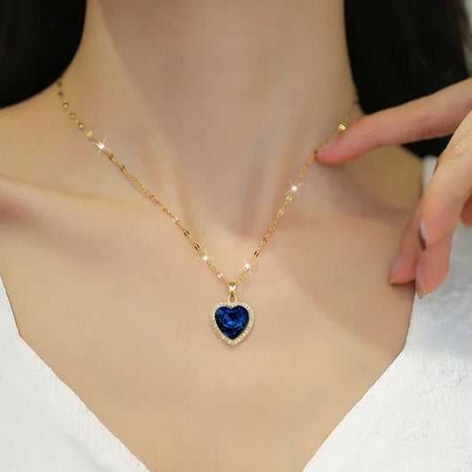 Collier Cœur Acier Inoxydable Zircon Bleu Femme | MDN