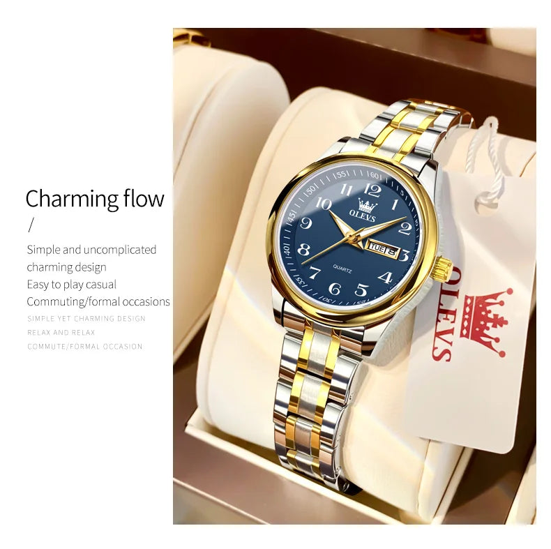 Montre Quartz Femme Elegante Acier Inoxydable Lumineuse Date Semaine | MDN Store 25