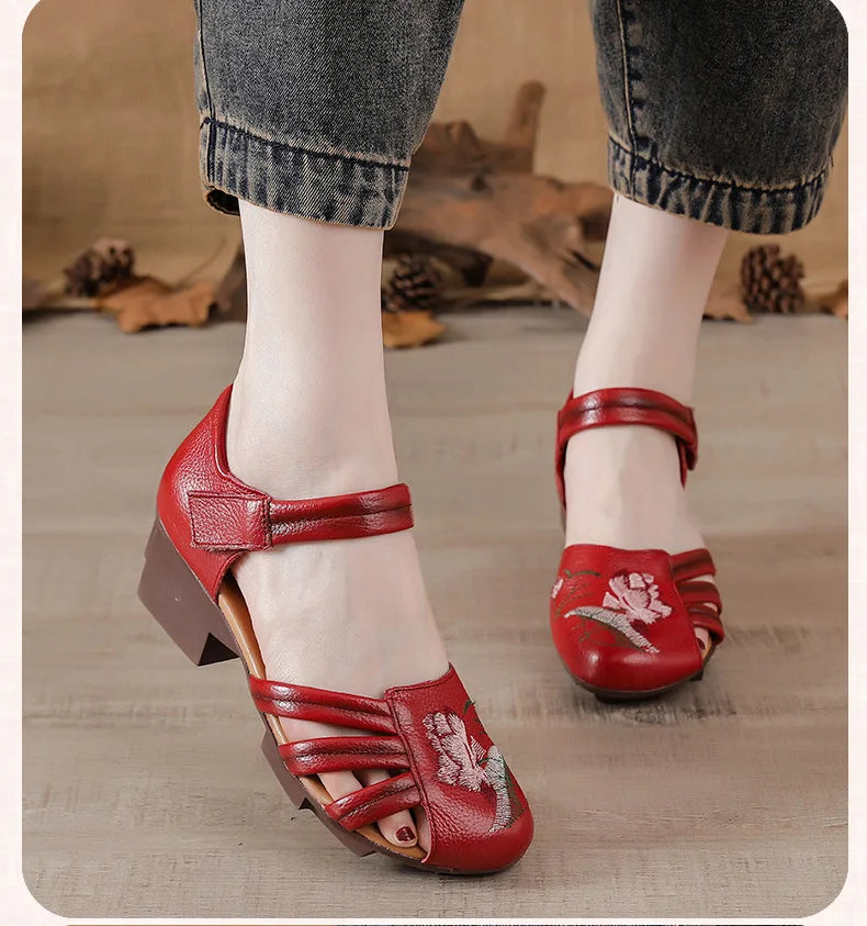 Sandales Talons Carrés Cuir Brodées Lorilury | MDN