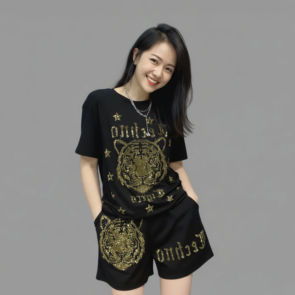 Ensemble Grande Taille T-shirt Tigre Brodé & Short | MDN