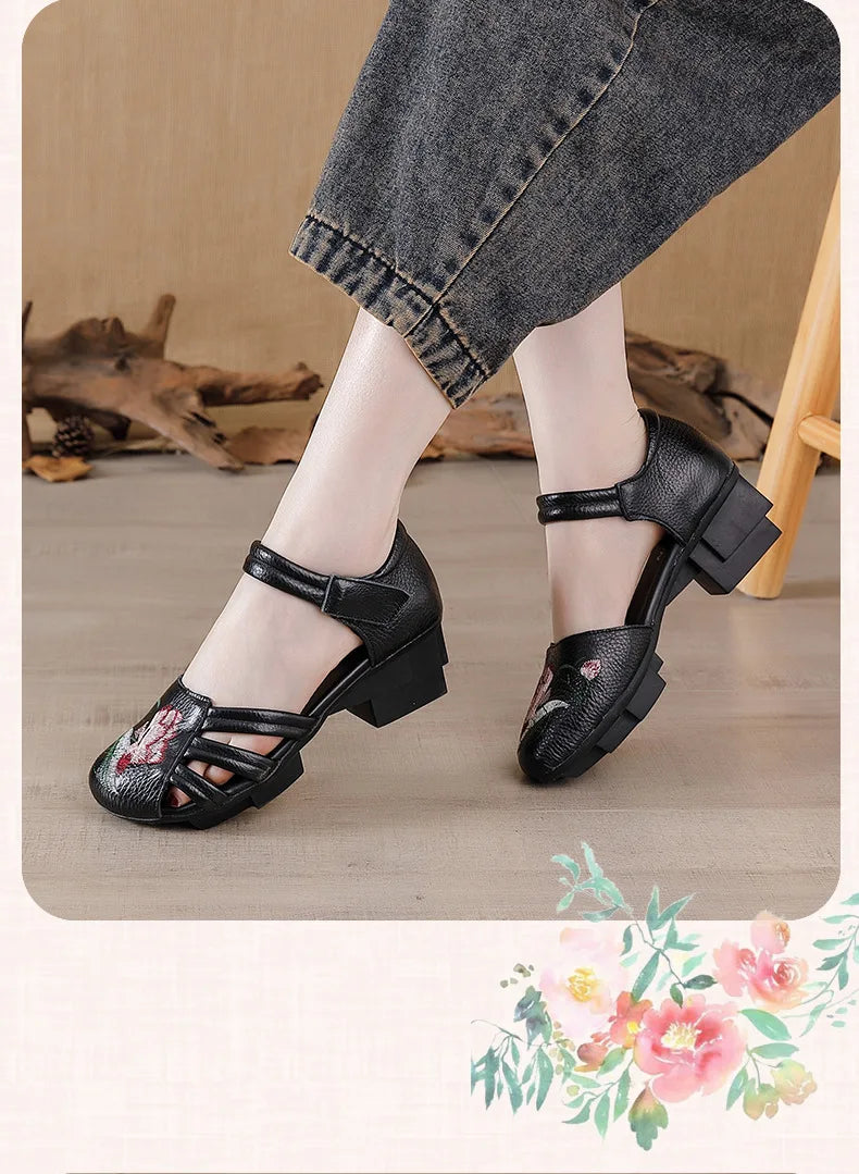 Sandales Talons Carrés Cuir Brodées Lorilury | MDN Store