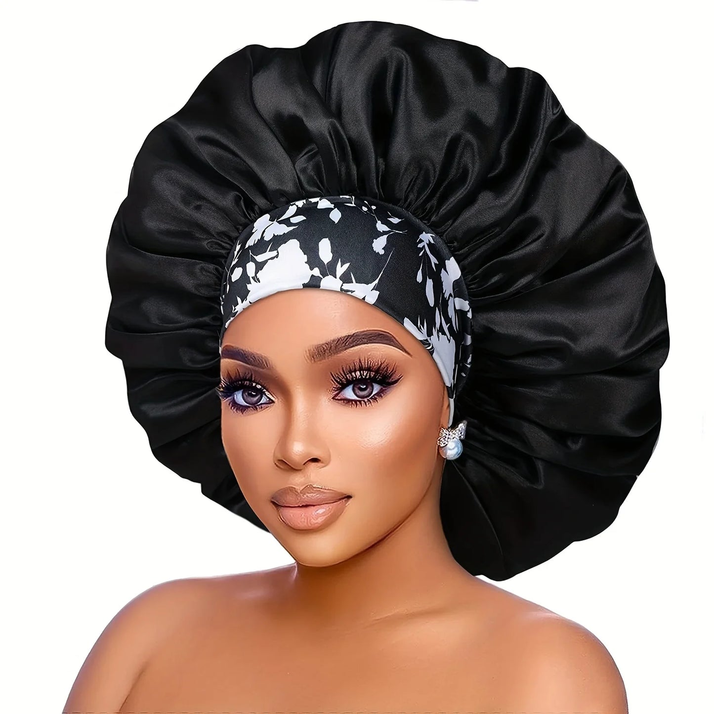Bonnet Nuit Satin Fleurs Imprimées - Bonnet Sommeil Femme Bord Large Élastique | MDN