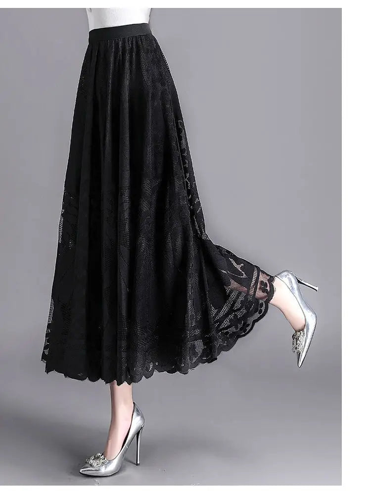 Jupe Longue Dentelle Plissée Taille Haute | MDN Store