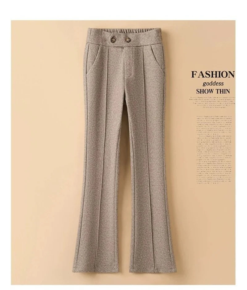 Pantalon Femme Laine Évasé Taille Haute - Bureau Chaud Automne Hiver | MDN