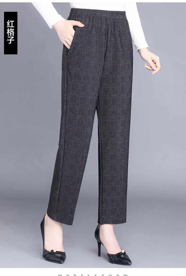 Pantalon Femme Carreaux Taille Élastique - Longueur Cheville Automne Hiver | MDN