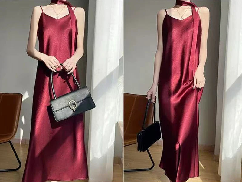 Robe Nuisette Satin Bretelles Ruban Midi 6 Coloris | MDN Store