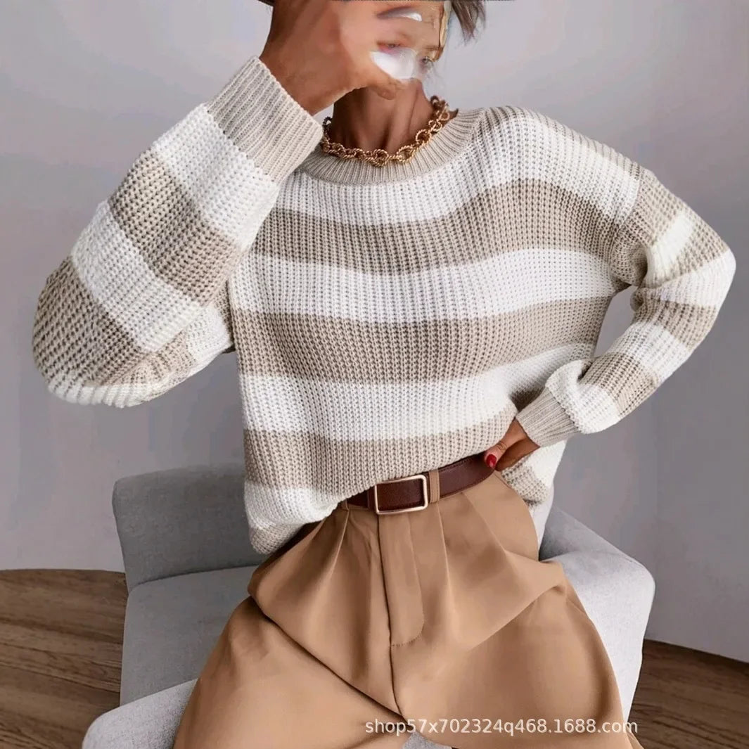 Pull Femme Loose Raye Manches Longues Tricot Epais 2 Coloris | MDN Store