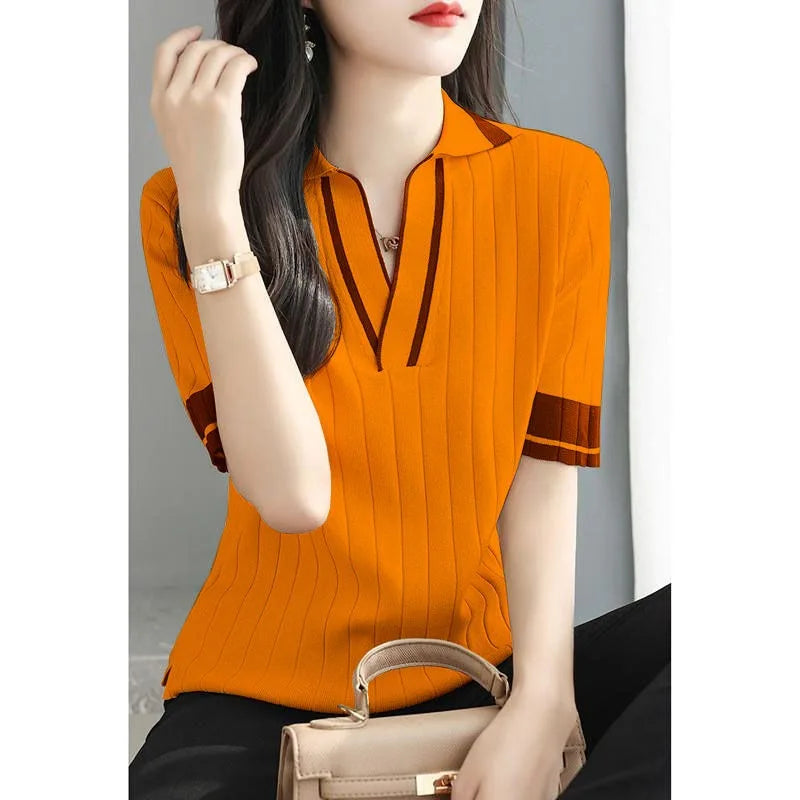 Pull Femme Polo Manche Courte Col V Tricoté Été Coréen - MDN