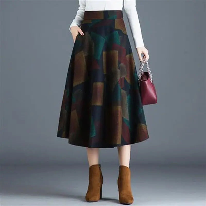 Jupe Midi Femme Laine Imprimée Taille Haute - Automne Hiver A-line | MDN Store